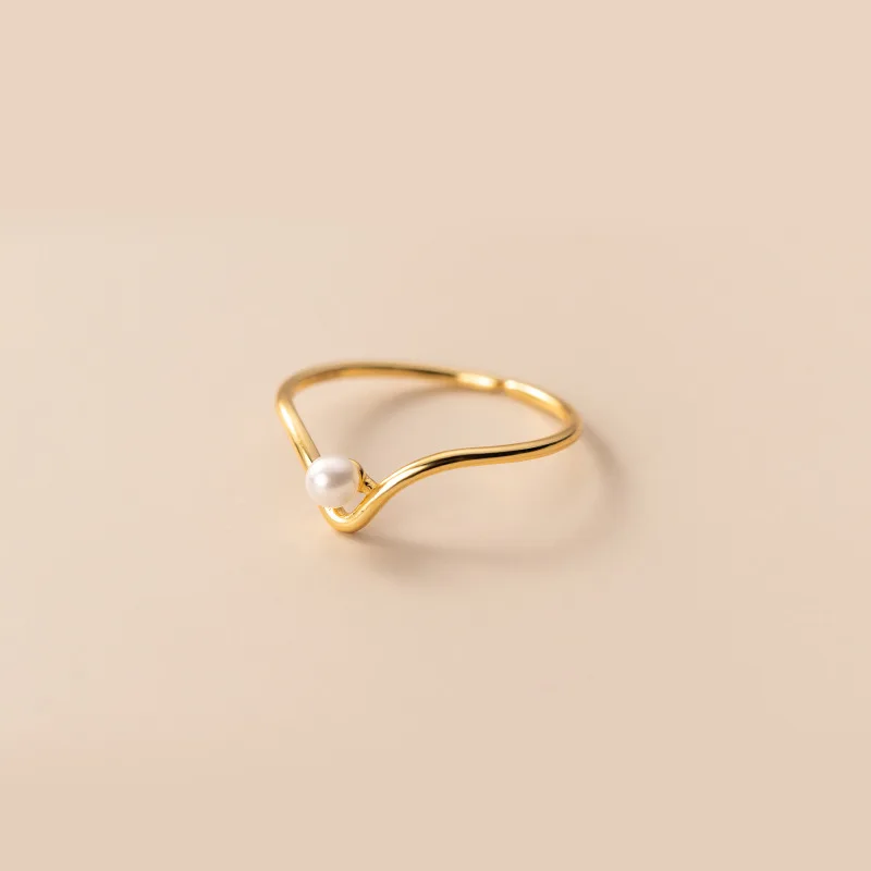 Simple Fashion Single V Ring Synthetic Pearl 925 Sterling Silver Rings  for Women Wedding Fine Jewelry