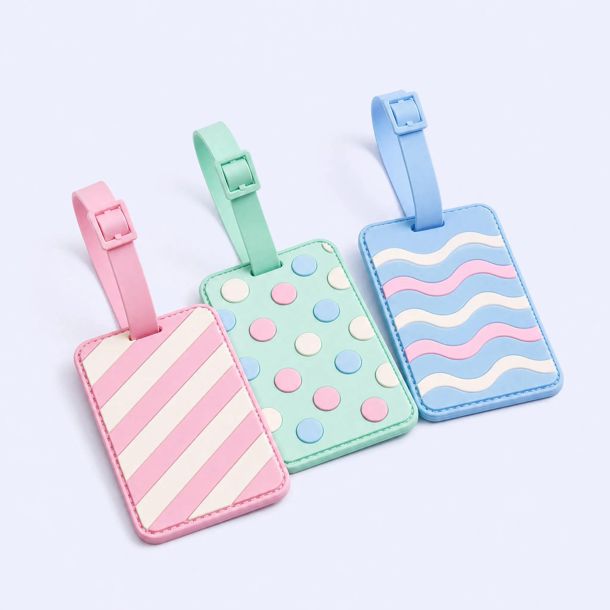 Custom 3D Soft PVC Macaron Minimal Pattern Trio: Diagonal Stripe, Polka Dot, Pastel Wave