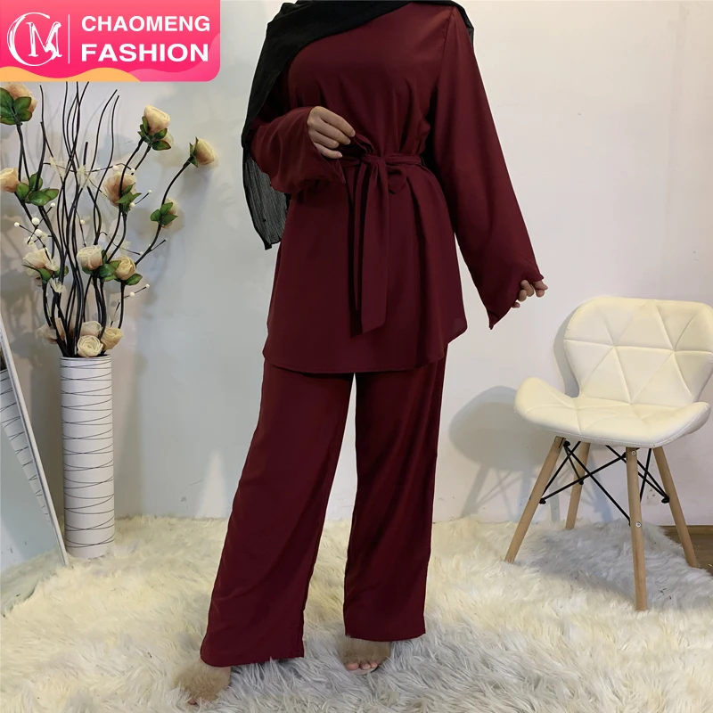 

2272#2020 Latest Modest Simple Plain Color Blouse &Pant Plus Size Two-Piece Women Islamic Clothing Abaya Sets, Brown/blackbeige/greenpurple/ maroon