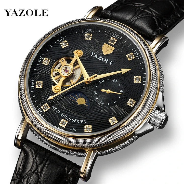 

Yazole 379 Brand reloj fashion men watches 2020 custom logo moon phase skeleton mechanical watches men luxury brand automatic