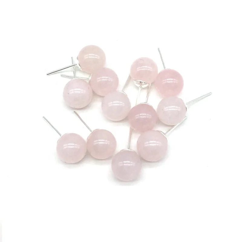 

Hot Sell Natural Stone bead Ball Stud Earrings For Woman Girl Fashion Rose Quartz Carnelian Crystal etc, Silver