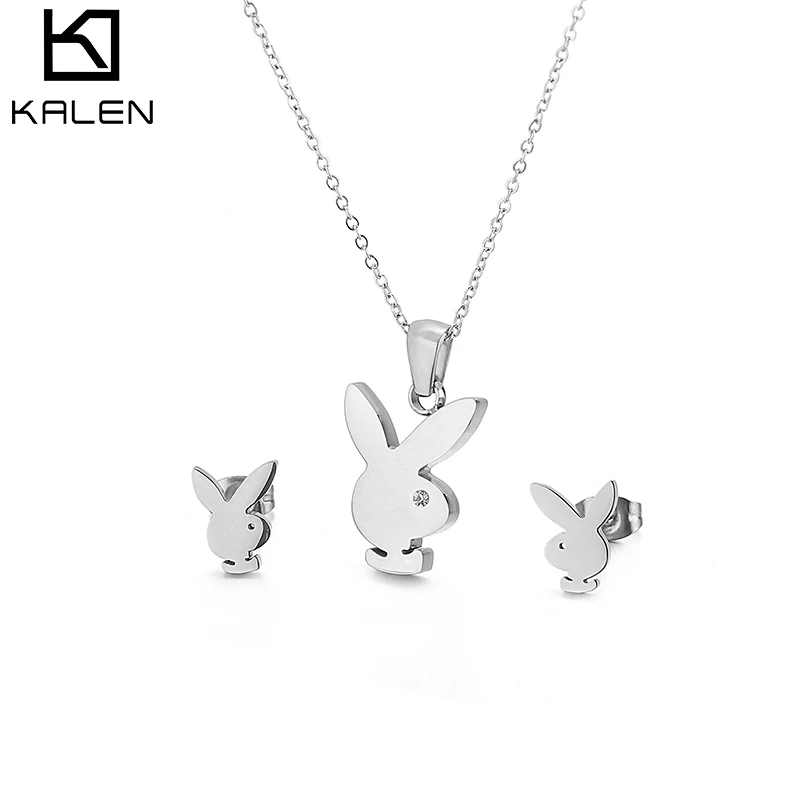 

2020 Cheap Party Animal Rabbit Stainless Steel Earring Studs Jewelry Necklace Set, Gold,sliver