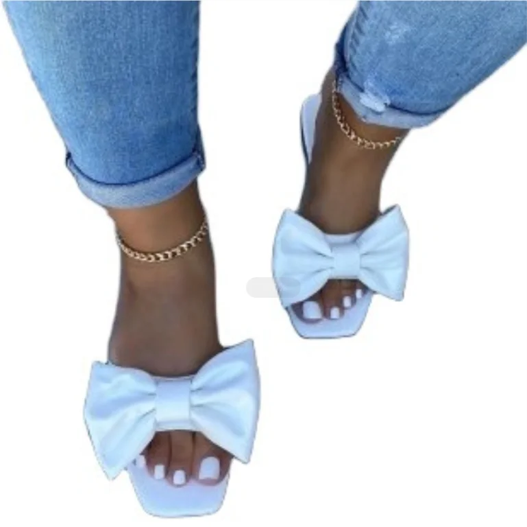 

2021 new arrival summer shippers flat girls sandals bow one word drag low heel ladies sandal, 5 colors