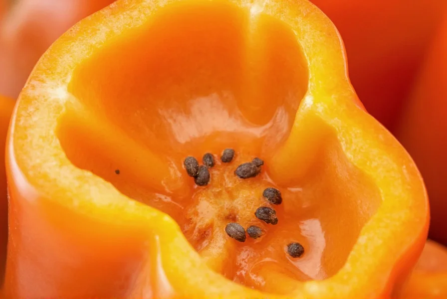 Close-up view of pepper cross-section showing seeds inside the fruit
