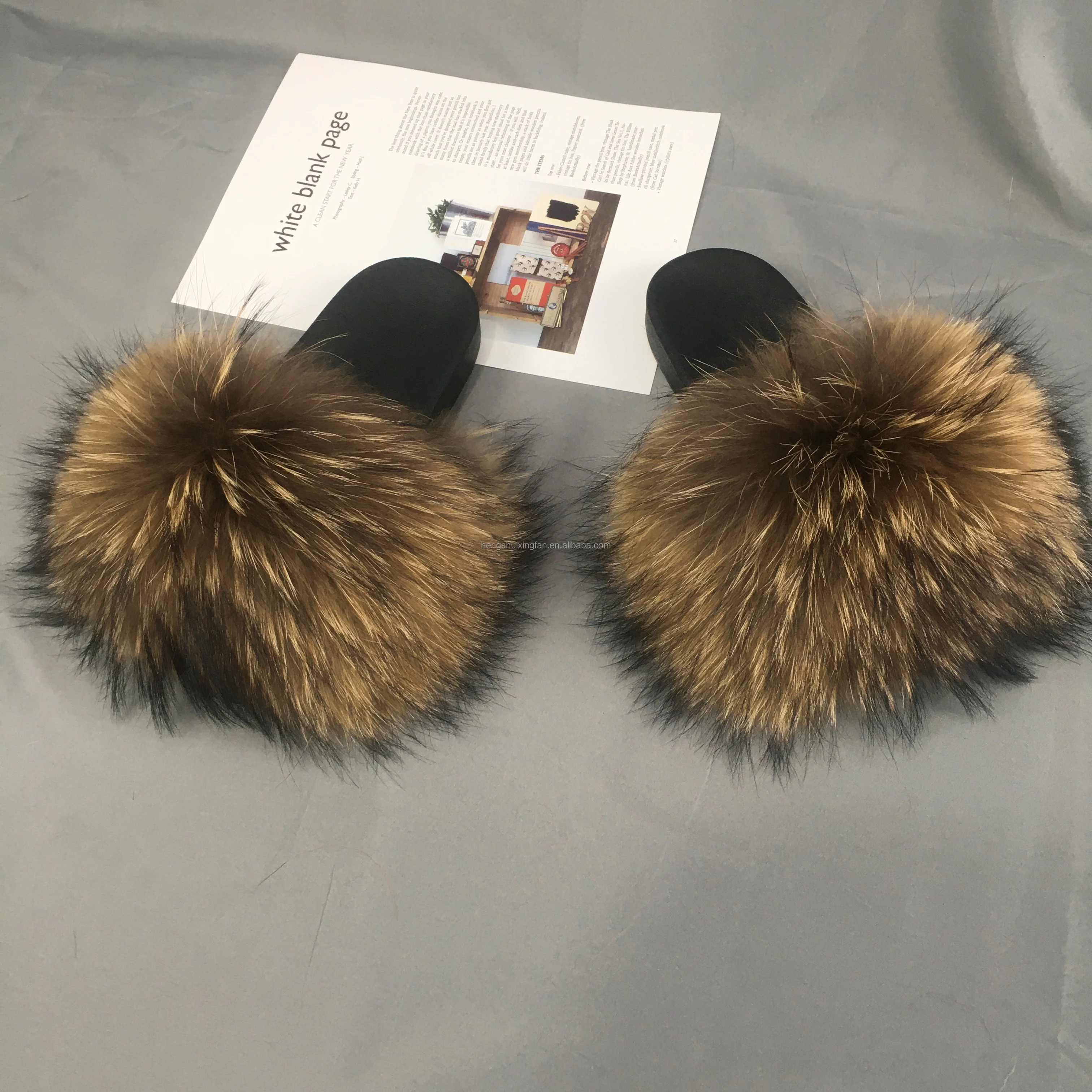 

wholesale fur slides brown raccoon fur slides fox fur slipper, Customized