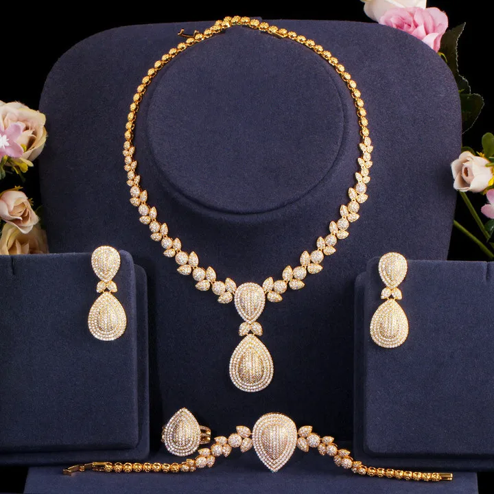 

New popular exquisite cubic zirconia dubai jewelry sets jewellery wedding necklace set, Gold