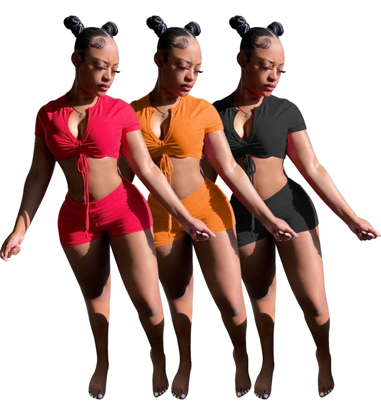 

L07097 cheap fashion short sleeves crop top and shorts two piece set women clothing