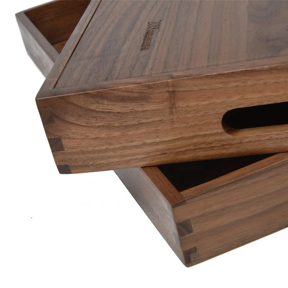 Large Square With Handle Black Walnut Platter Ottoman Decorative Tray For Home Breakfast In Bed