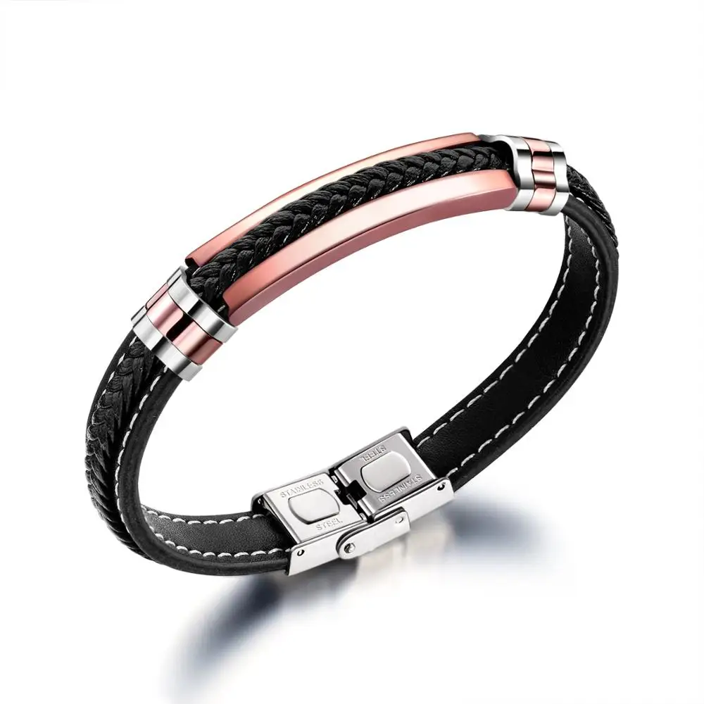 

Wholesale Custom Color Pink Steel Bike Chain Braided Leather Bracelet Bangle With Thread, Black