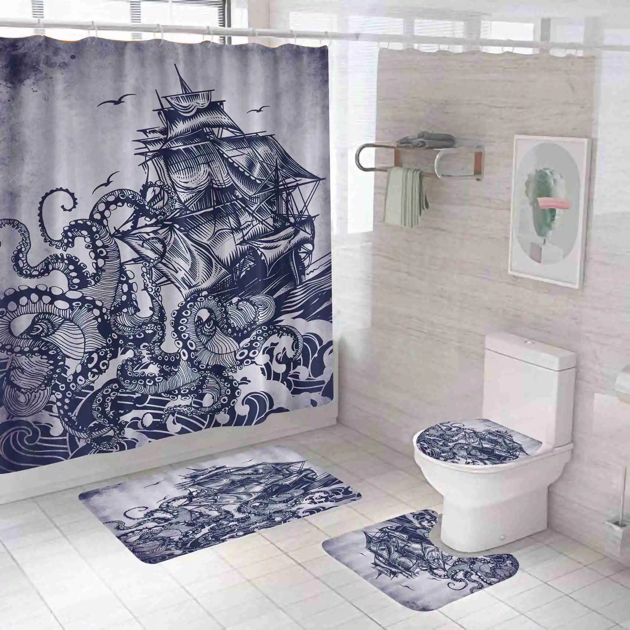 

Navigation nautical anchor printed waterproof home goods bathroom shower curtain set