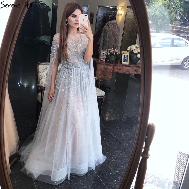 

Silver Grey A Line O Neck Cape Sleeves Beaded Elegant Evening Dresses Serene Hill LA60869 Party Wear Long Gowns For Women