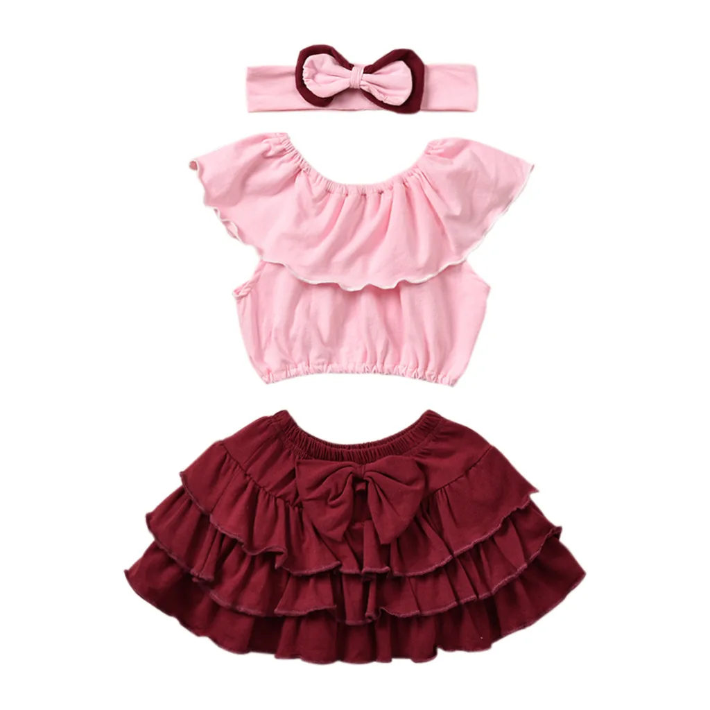 

Baby Girls Pink Tops+Dark Red Skirt +Bow knot headband 3pcs Set 2020 Summer Casual Clothes Set Children Clothing