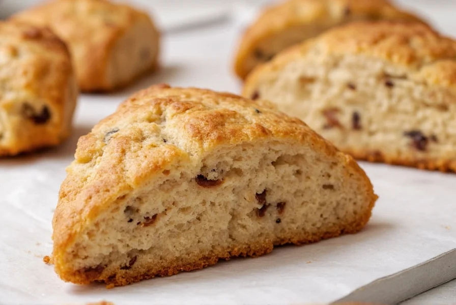 Professional baker cutting cold butter into flour mixture for cinnamon chip scones with visible flaky layers