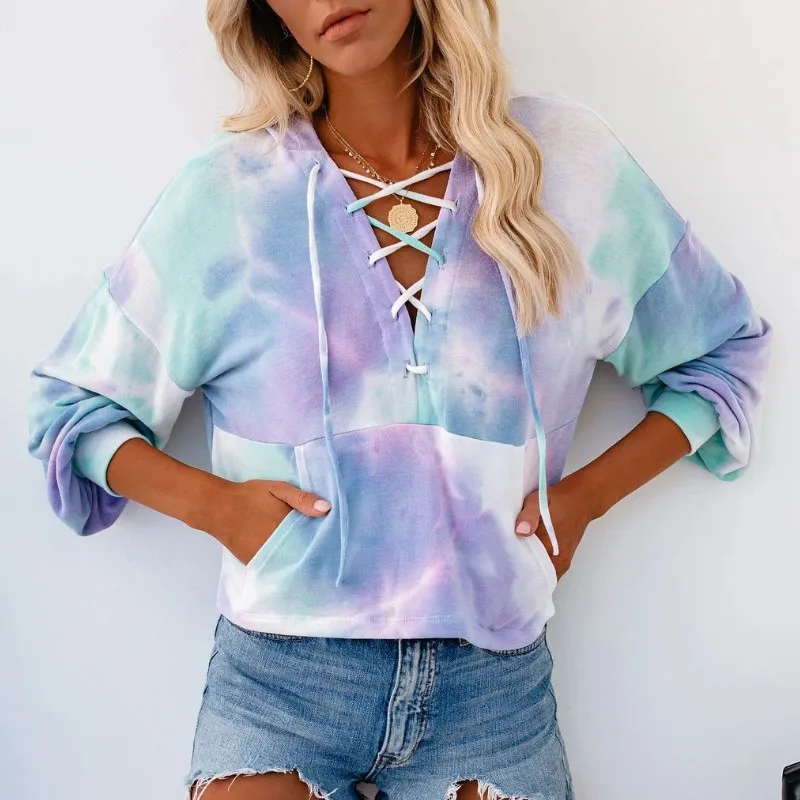 

2021 autumn and winter new tie-dye printed long-sleeved hooded sweater with drawstring, As show