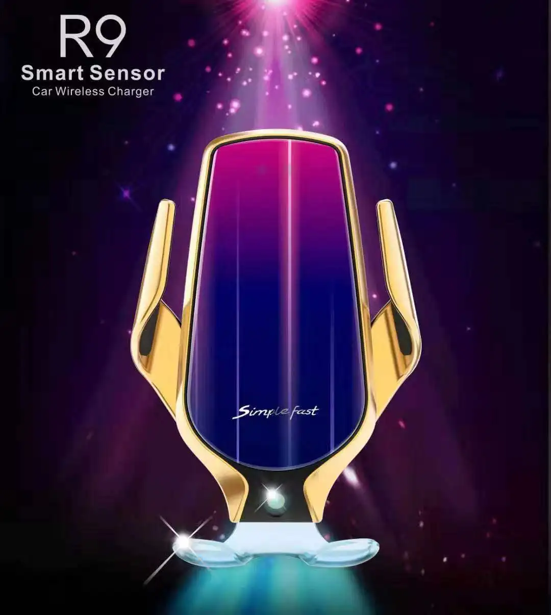 

R9 Brilliant Colorful glass Automatic Clamping qi wireless car charger for mobile phone, Silver/gold/black