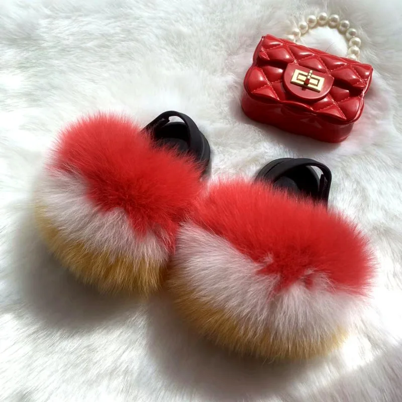 

2021 Summer Kid Purse Set New Imitation Fox Fur Slippers Children Pearl Hand Bag Handbags Sandals And Purse Sets