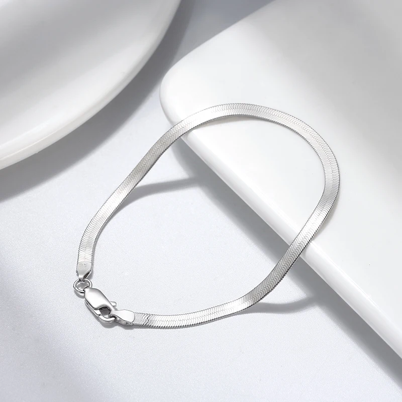 RINNTIN SB107-P Simple Men's and Women's Jewelry 925 Sterling Silver Plain Chain Flat Snake Bone Chain Bracelet