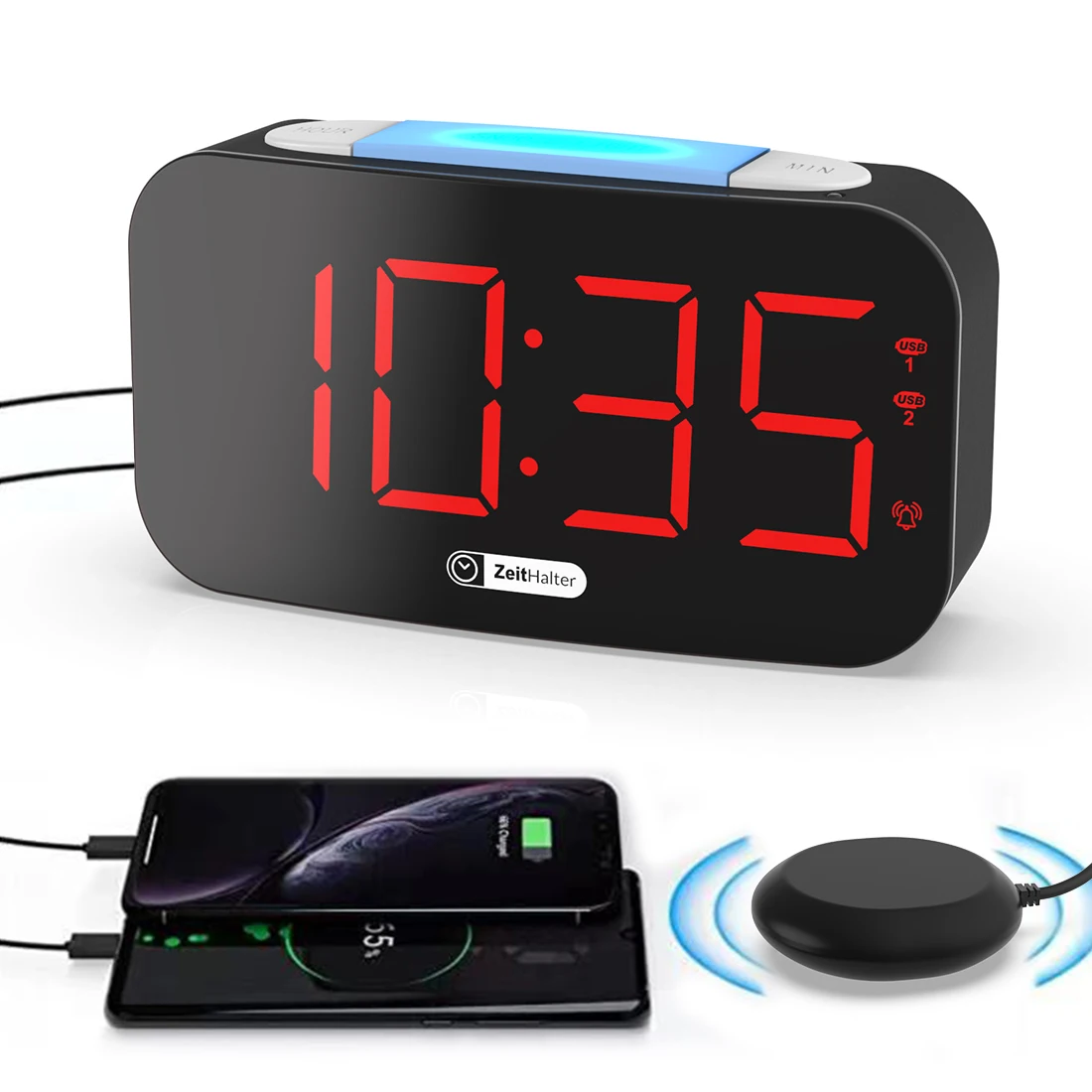 

Dual USB Charging Alarm Clock Bed Shaker Auto Dimmer 7Colors Nightlight see thru digital table clock