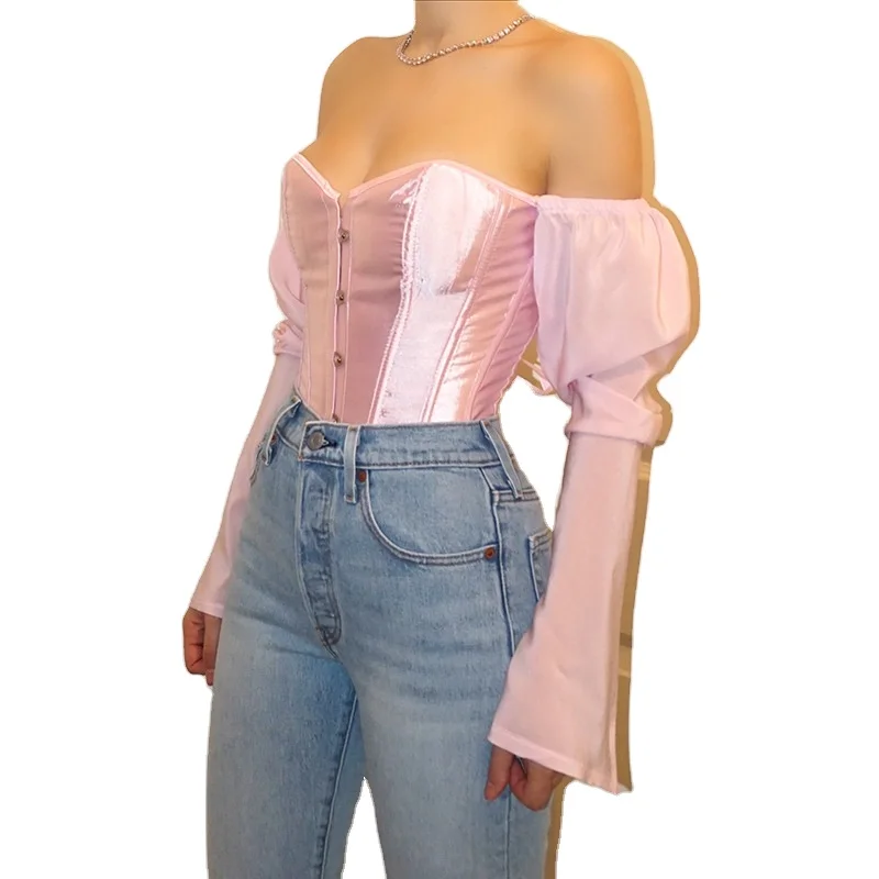 

Off Shoulder Tops Strapless Bow Bustier Shirt Women Elegant Fashion Long Sleeve Corsets Blouse Club Corset Top Women Sexy, Pink/red/black/white
