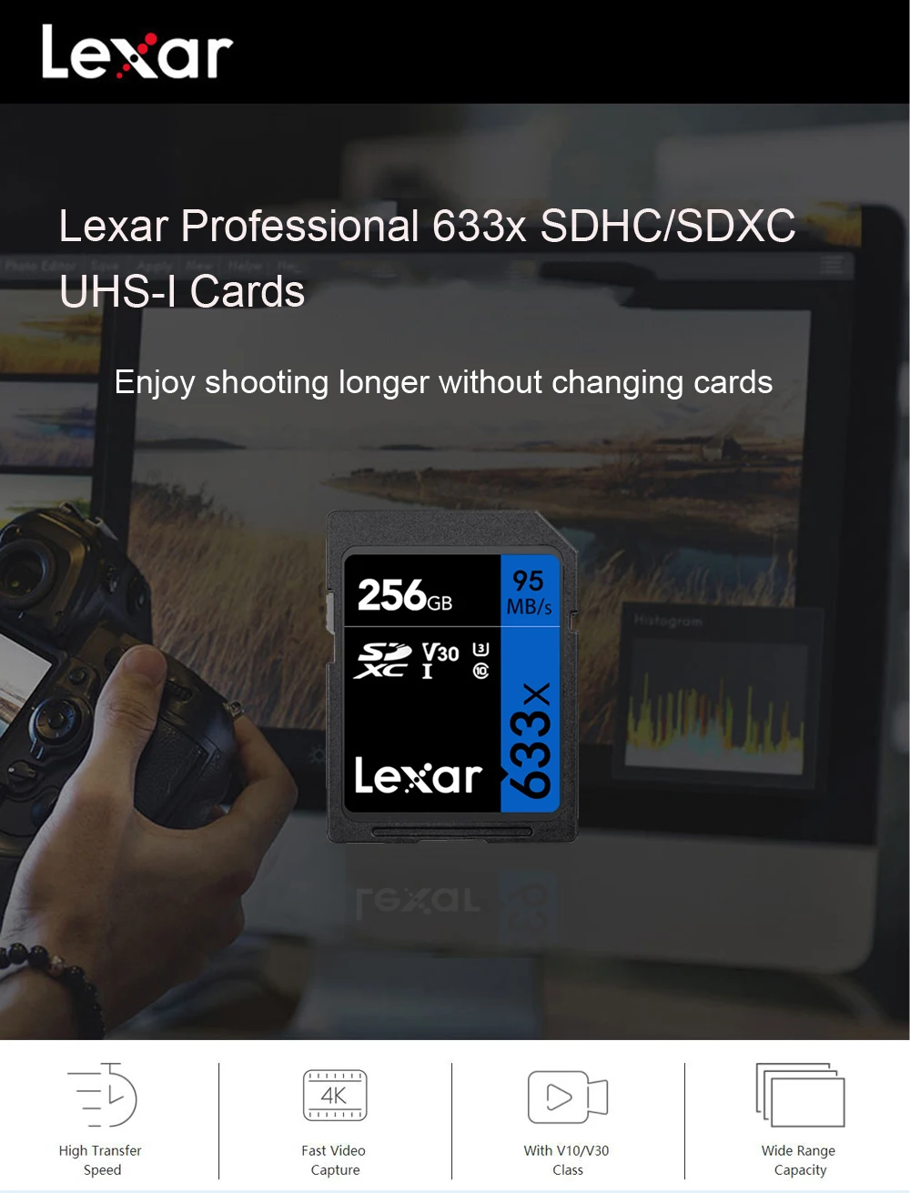 Lexar 32GB 64GB 128GB 256GB V30 U3 Class 10 SD Card Memory SDHC SDXC Card Max 95MB/s High Speed For Camera - ANKUX.COM