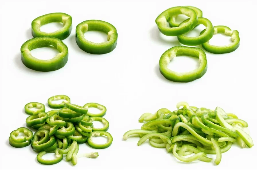 Step-by-step visual guide showing different green pepper cutting techniques: rings, dice, and julienne