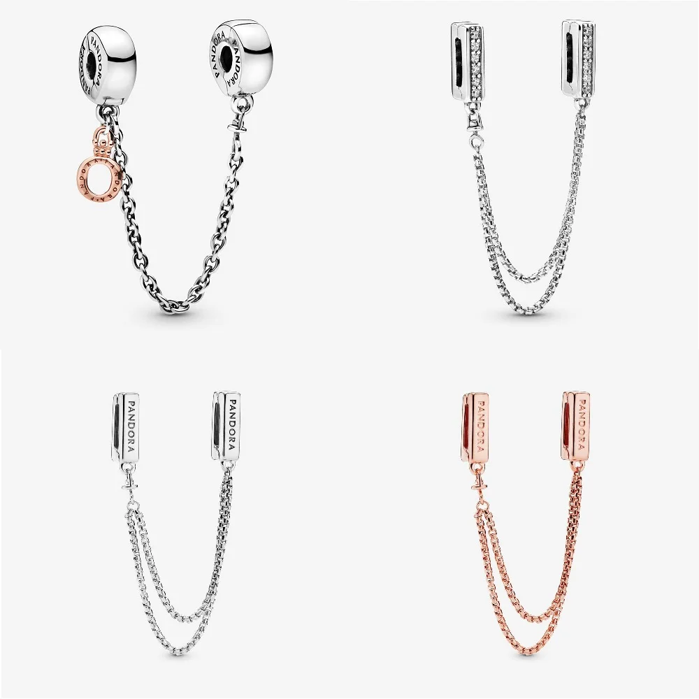 

925 Sterling Silver Dangling Crown O Safety Chain Layer Of Security Clip Charm Fit Pandora Bracelet Bangle For Women DIY Jewelry