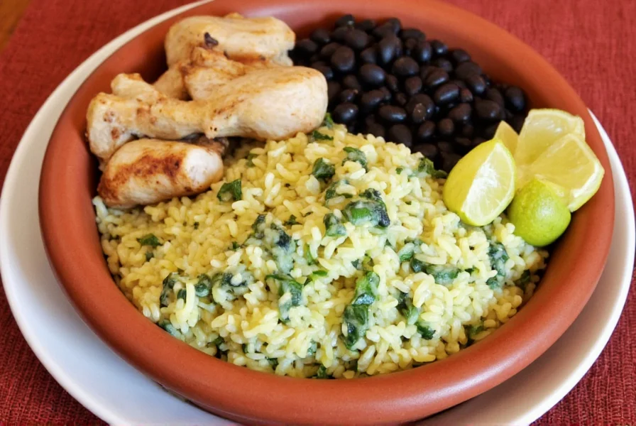 Creamy poblano pepper rice served in traditional Mexican clay dish alongside grilled chicken and black beans
