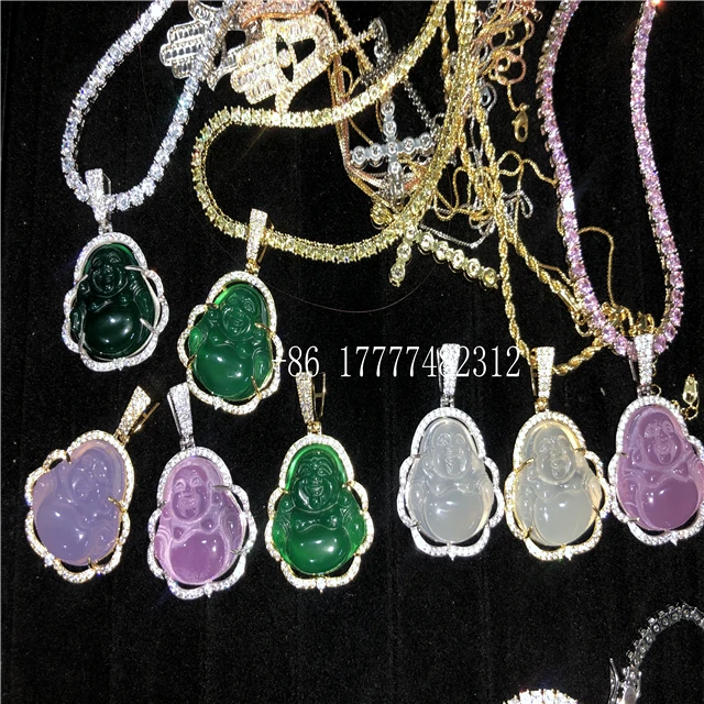 

FOXI 18K Gold Plated buddha Best Selling INS Gold Plated Hip Hop Buddha Pendant Iced Out CZ Green jade buddha necklace