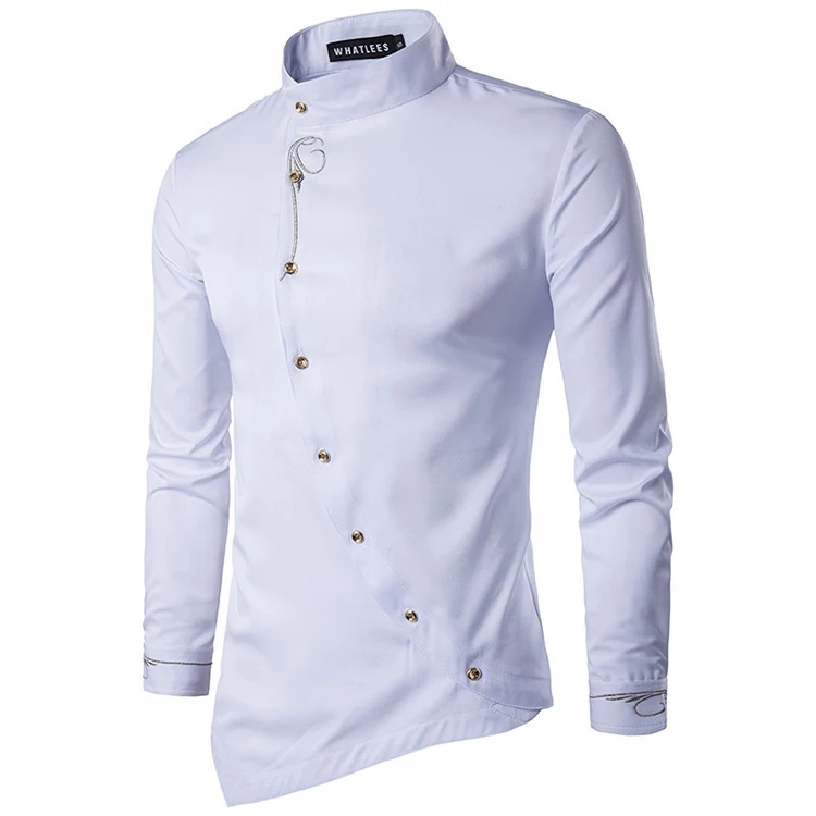 

New design men cotton polyester irregular oblique hemp long sleeve stand collar shirt, Custom color