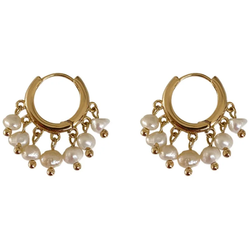 

Retro personality ring ear stud freshwater pearl hoop earrings REAL gold plated jewelry drop pearl earrings for ladies