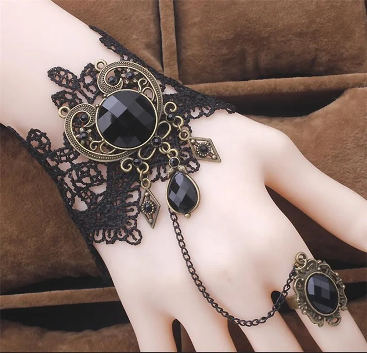 

Women Heart Rhinestone Vintage bracelets jewelry Black Sexy Lace Bangle, Picture