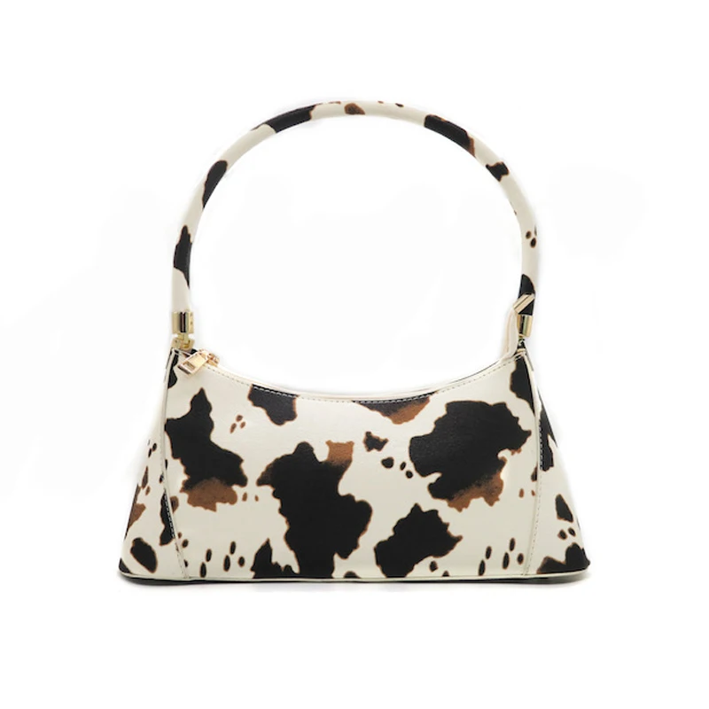 

Custom trendy female portable armpit bags cow pattern print ladies shoulder bag, White/customizable