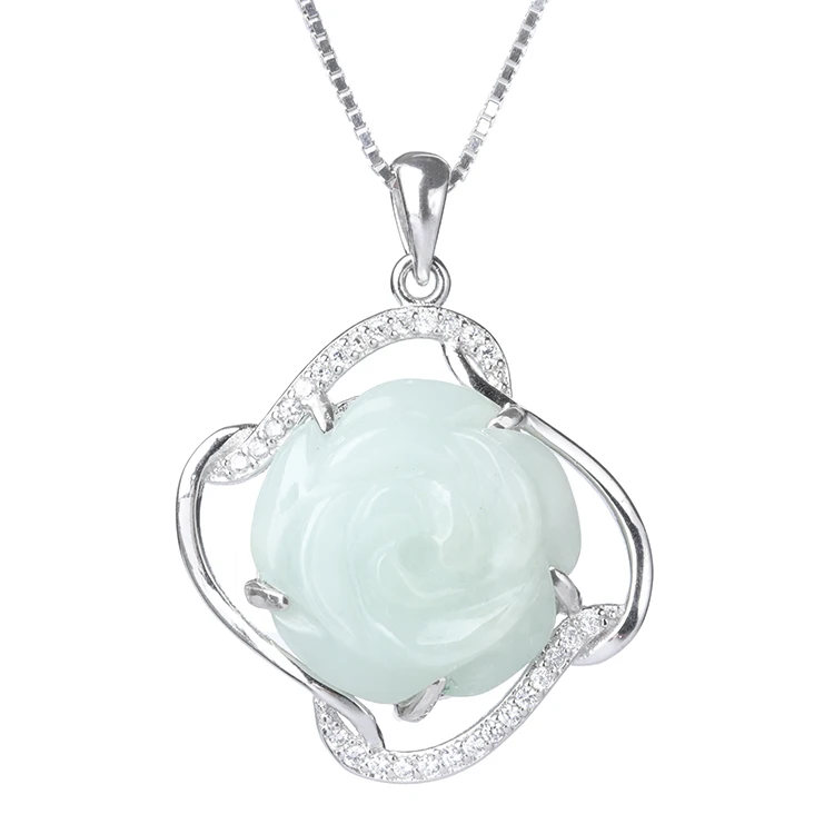 

925 Silver Rose Flower Pendant Natural Jade Emerald Choker Pendant Necklace