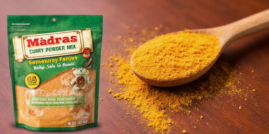 Spice rack with Madras curry powder displayed prominently