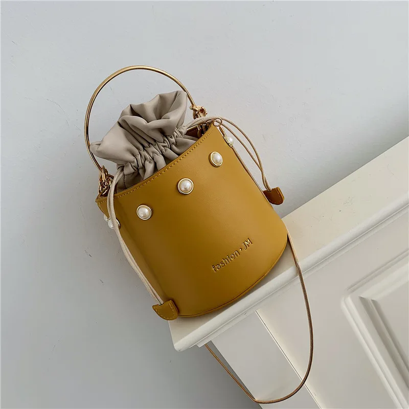 

Chic Faux Pearl Decor Drawstring Bucket Bag luxury women hand bags mini bags handbags ladies women's handbag, Yellow/black/pink/green/white