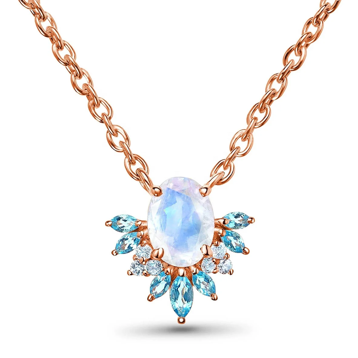 

Rose Gold Necklace Tiny Moonstone Jewelry Pendant Moonstone Blue Topaz Necklace