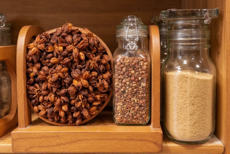 Wandgewürzregal mit Sternanis und anderen Gewürzen in Gläsern