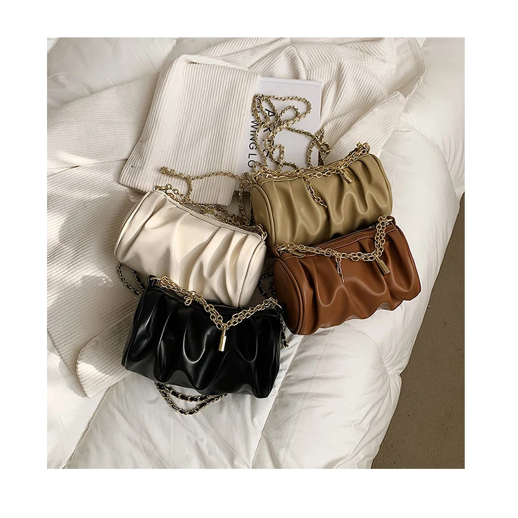 

Pleated Cylinder Cloud Bags New Fashion Soft PU Leather Chain Crossbody Bags Female Ruched Handbags Women Wild Shoulder Purses