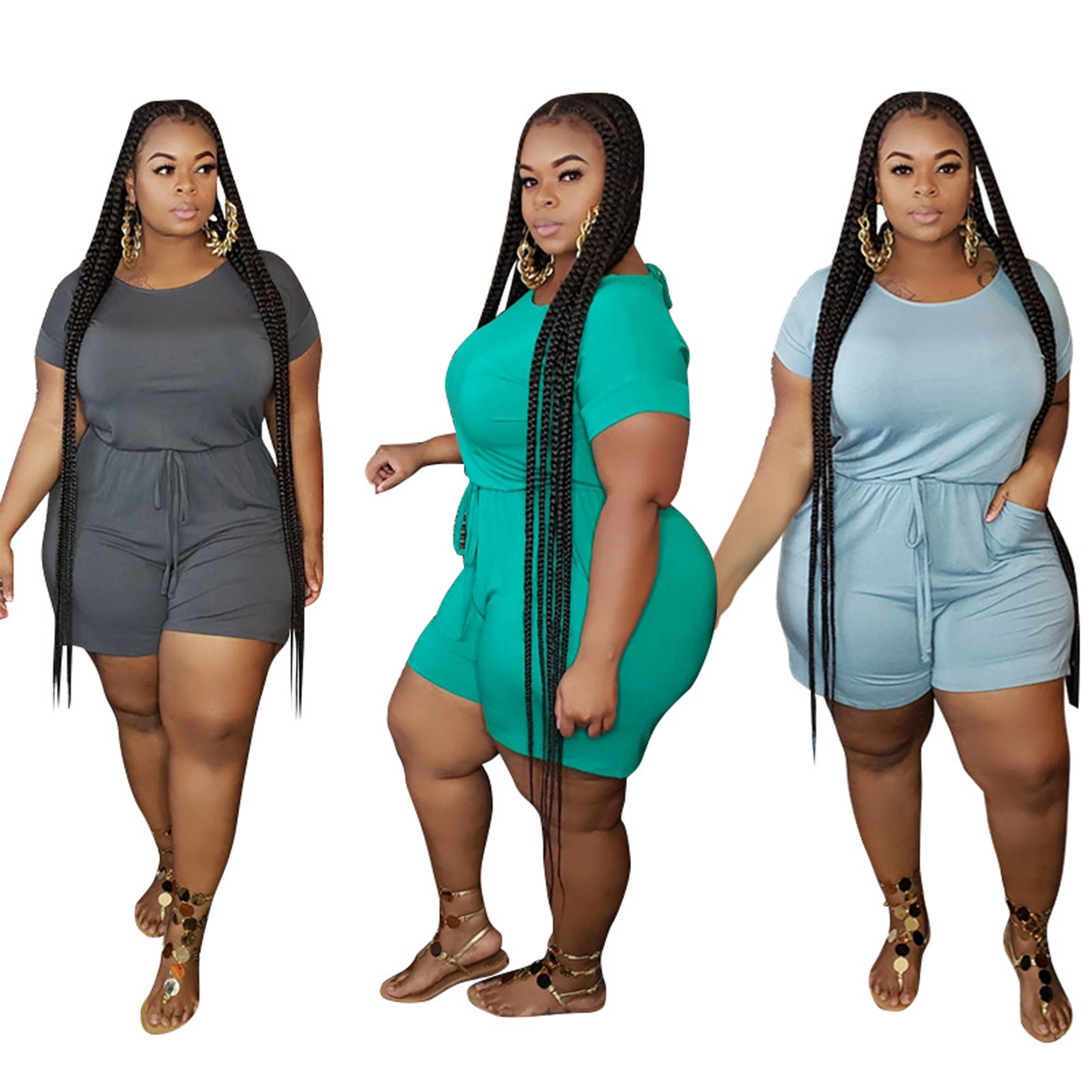 

trendy women clothing plus size jumpsuit fashion style drawstring mini length solid color jumpsuits [E2T]