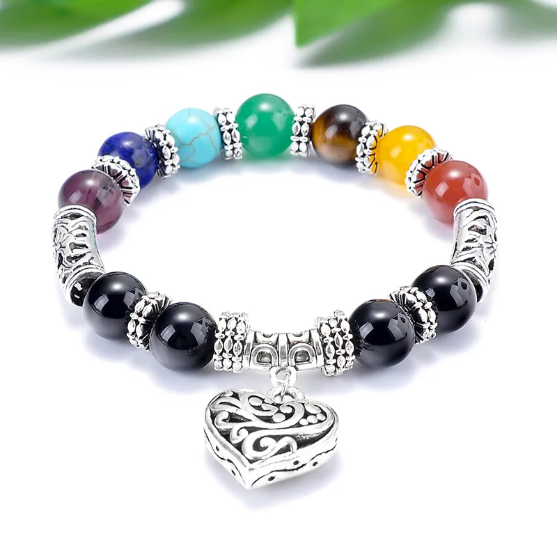 

New Design Womens Jewelry Colorful 7 Chakra Natural Stone Bracelet Healing Lava Rock Yoga Heart Pendant Bracelet, Silver plated