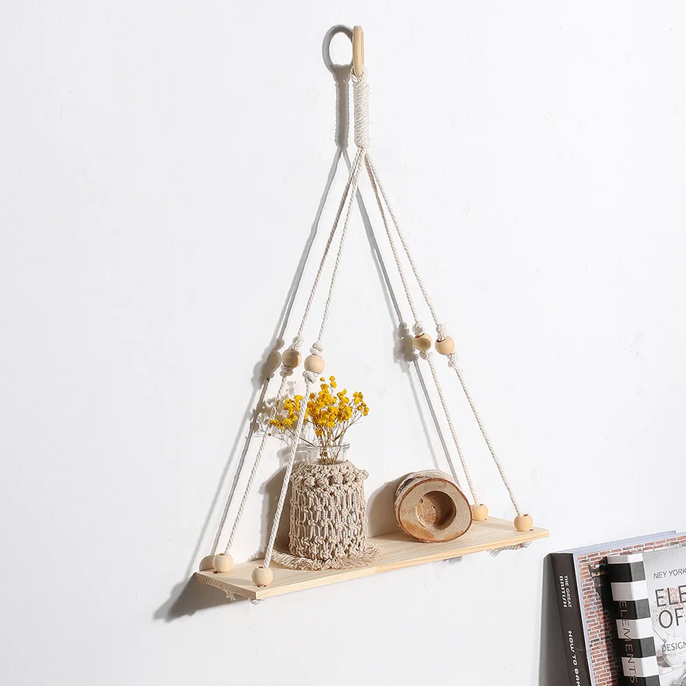 

Decorative Wall Hanging Shelf Home Display Wood Jute Rope Floating Shelves, Log color
