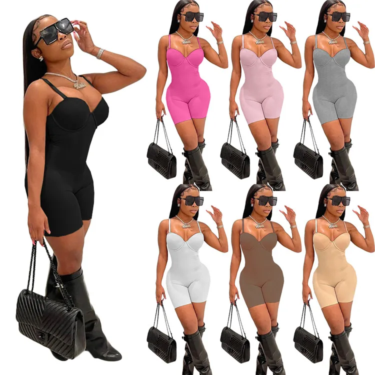 

2022 Sexy Ladies Low-cut Halter Belt Rompers Women One Piece Jumpsuit Short Solid Color Tight Sleeveless Bodysuit, Picture shown