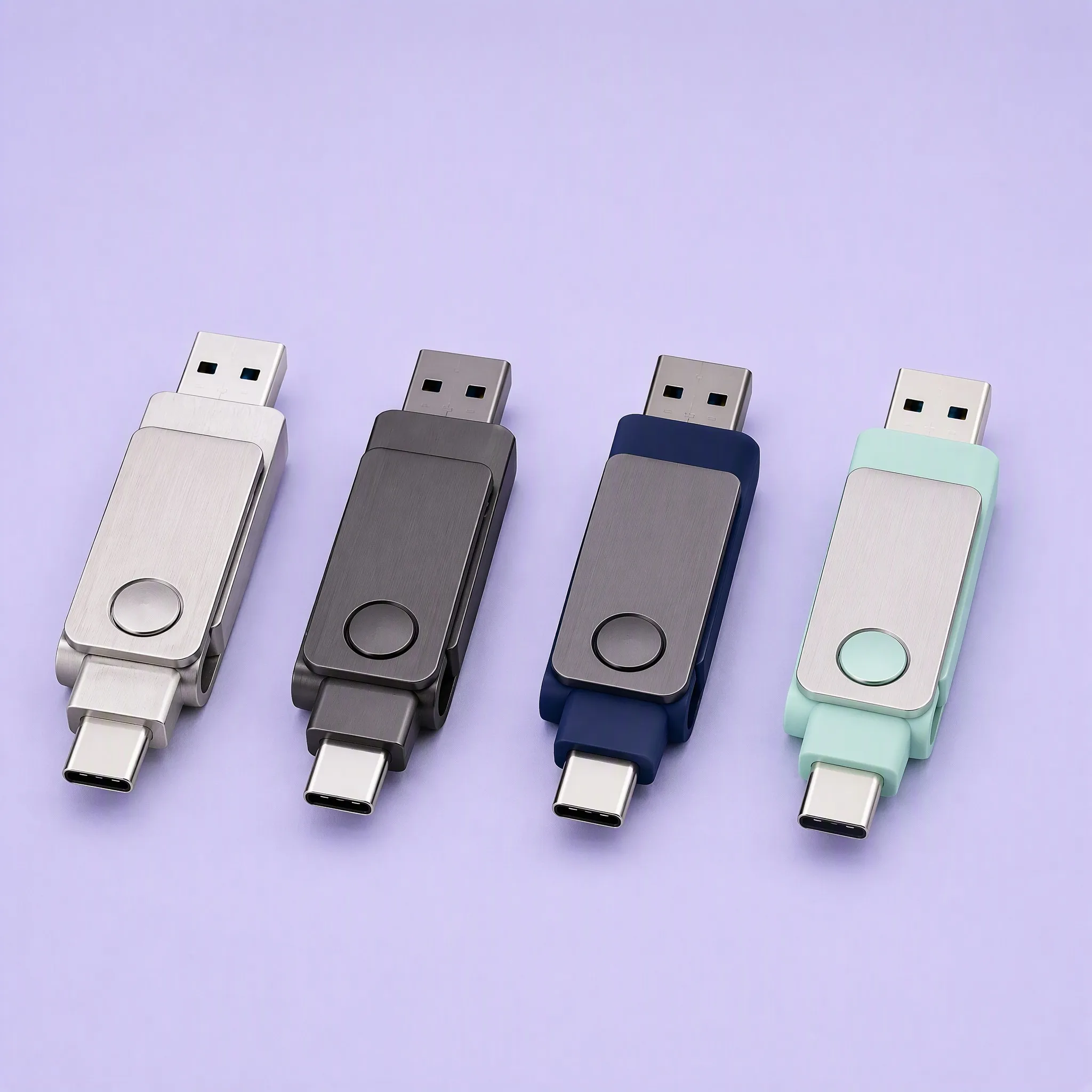 4-Color Lineup of Dual-Interface Swivel USB Drives in Brushed Silver, Gunmetal Grey, Navy Blue, and Pastel Mint Green