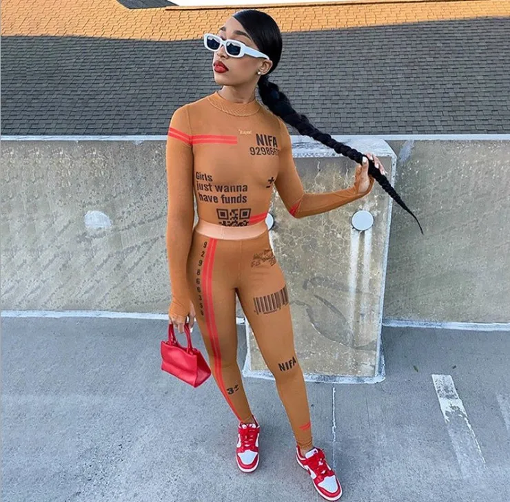 

Winter women's new mesh breathable printed one-piece top and trousers set