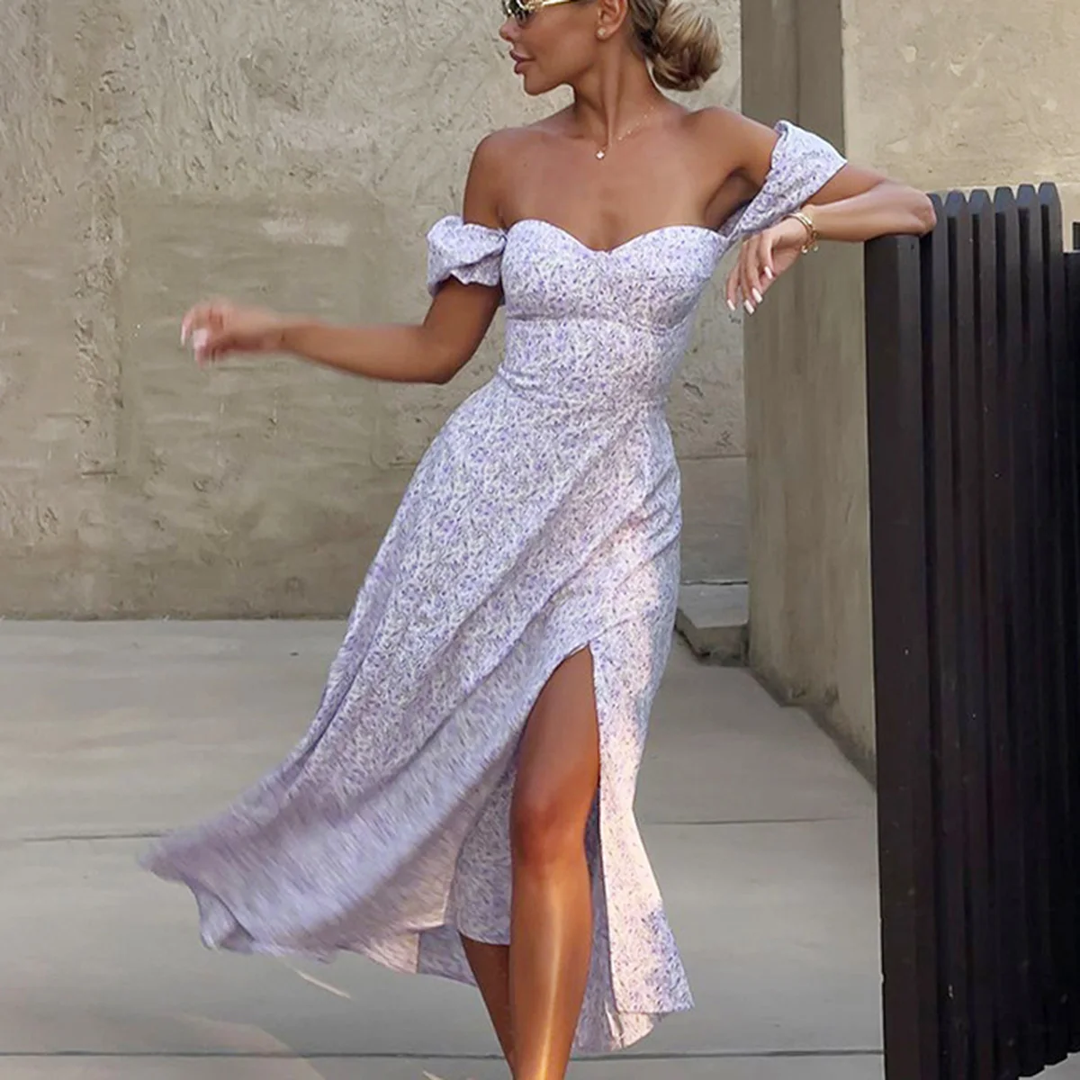 Enyami Summer Floral Maxi Square Collar Vintage Short Puff Sleeve Bodycon Dresses Lady Elegant Prom Clothing Women Casual Dress
