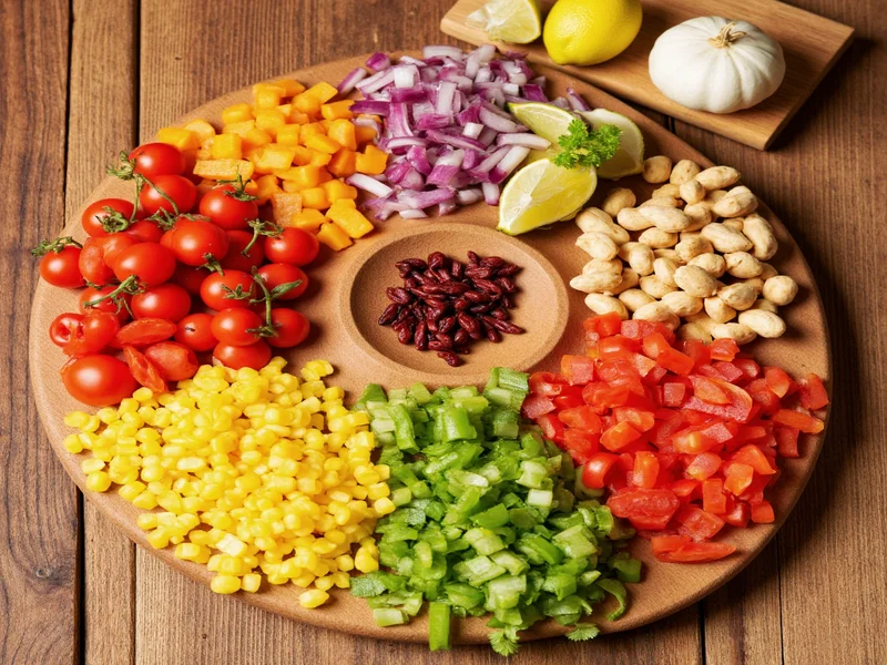 Colorful taco ingredients on wooden cutting board