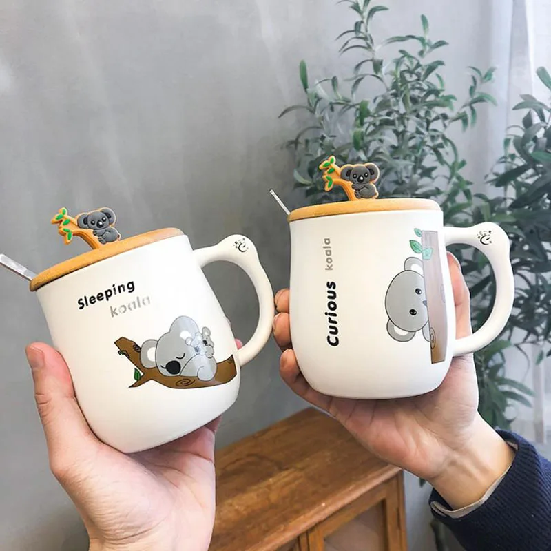 

UCHOME 450ML cute cartoon koala ceramic mug creative animal coffee mug with spoon couple mug wooden lid milk breakfast cup, Many colors can be choosed