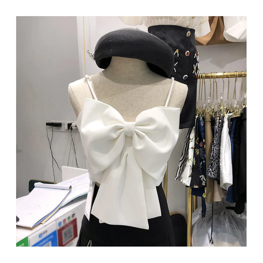 

Korean blouse hot style 2021 summer women's new halter top with big bow crop top fashionable woman blouse, Black/white