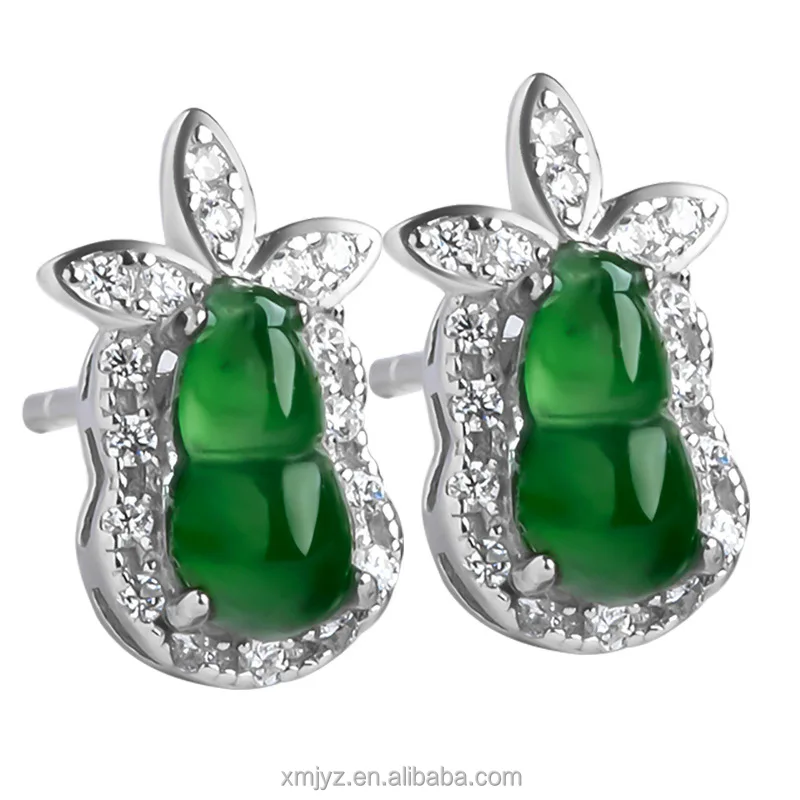 

Certified Grade A S925 Silver Inlaid Natural Jade Gourd Yang Green Ice Jade Stone Stud Earrings Fashion Earrings Ornament