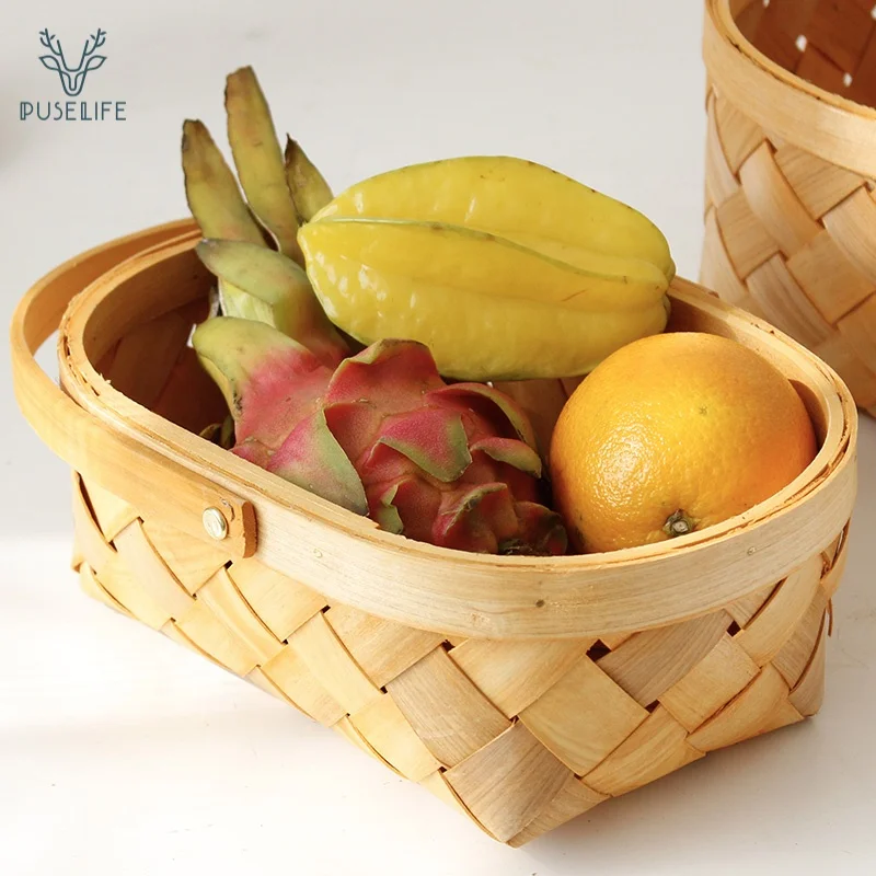 

Wholesale Cheap Price wood chip woven basket wood Fruit Basket With handle, Natural